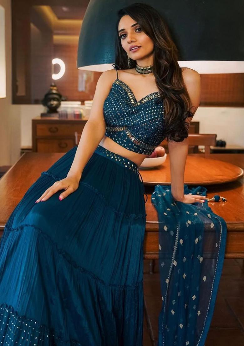 Blue Sequence Embroidery Georgette Lehenga Set With Dupatta - Indya