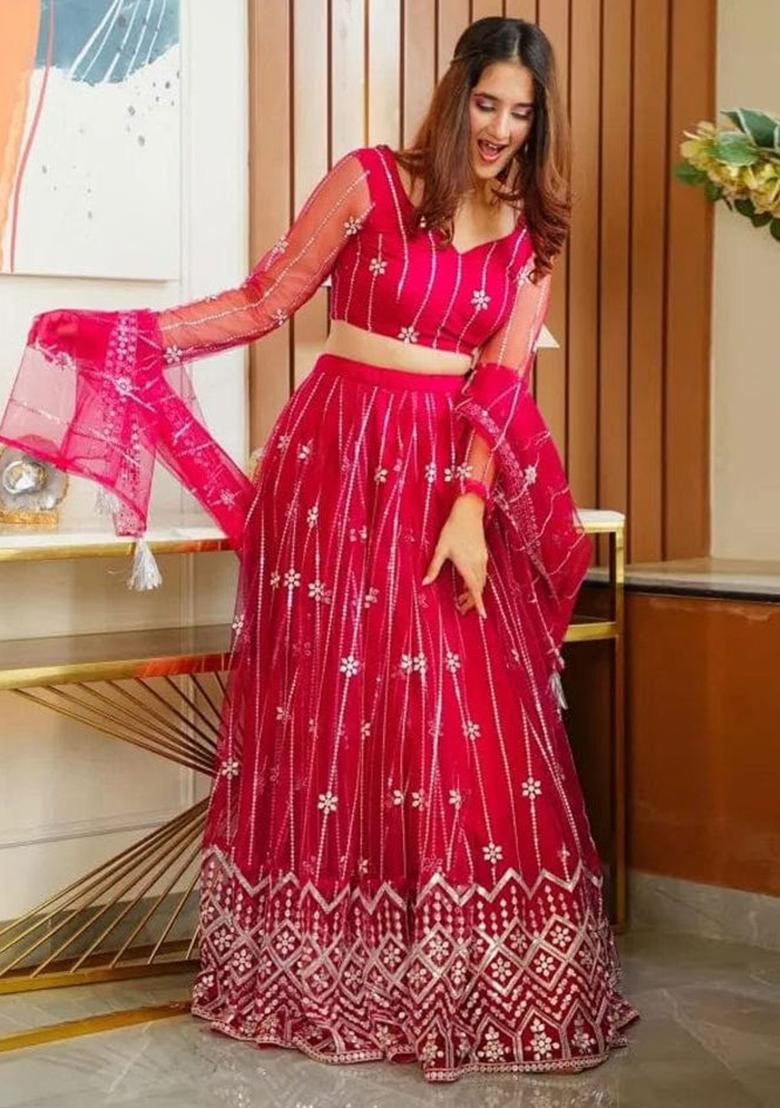 Pink Sequence Embroidery Net Lehenga Set With Dupatta