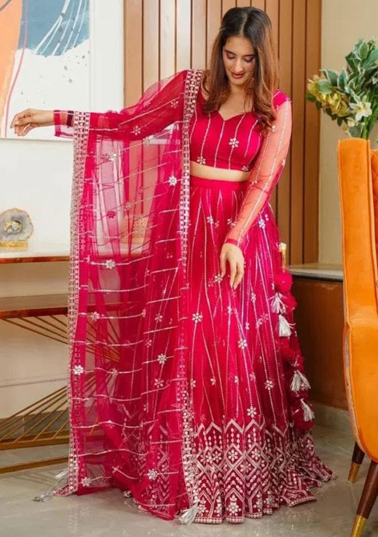Pink Sequence Embroidery Net Lehenga Set With Dupatta - Indya