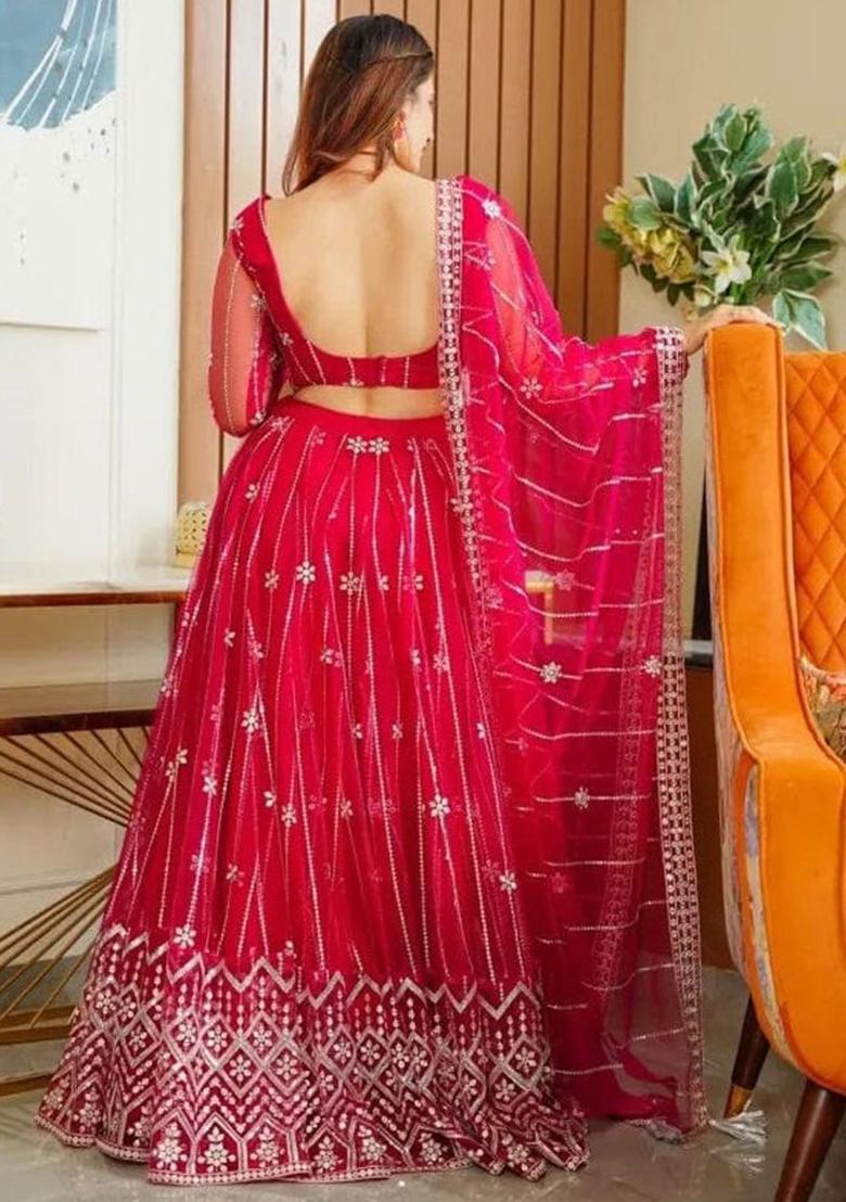 Pink Sequence Embroidery Net Lehenga Set With Dupatta