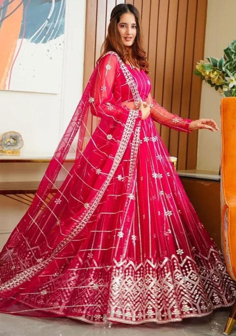 Pink Sequence Embroidery Net Lehenga Set With Dupatta - Indya