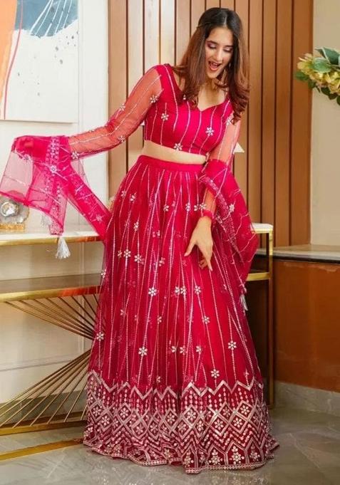 Pink Sequence Embroidery Net Lehenga Set With Dupatta