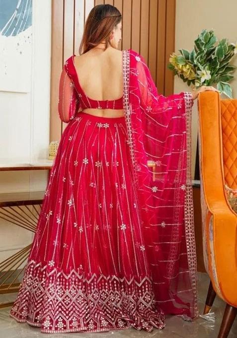 Pink Sequence Embroidery Net Lehenga Set With Dupatta