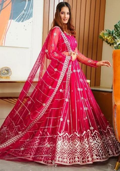 Pink Sequence Embroidery Net Lehenga Set With Dupatta