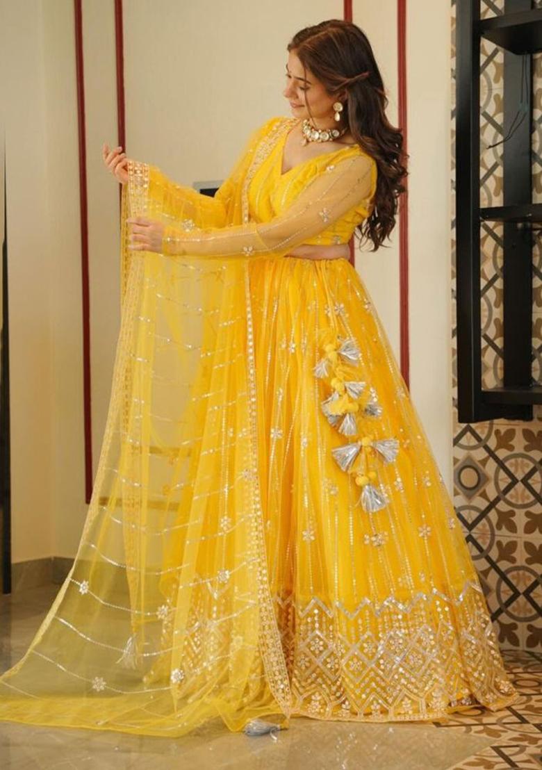 Yellow Sequence Embroidery Net Lehenga Set With Dupatta - Indya