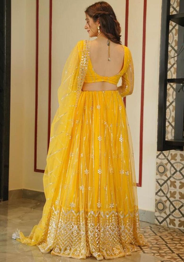 Yellow Sequence Embroidery Net Lehenga Set With Dupatta