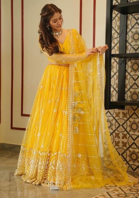 Yellow Sequence Embroidery Net Lehenga Set With Dupatta