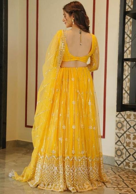 Yellow Sequence Embroidery Net Lehenga Set With Dupatta