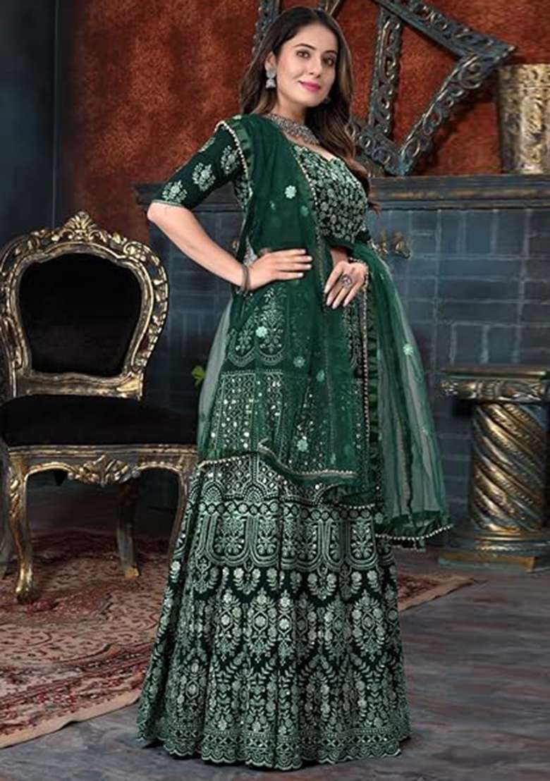 Green Sequence Embroidery Georgette Lehenga Set With Dupatta - Indya