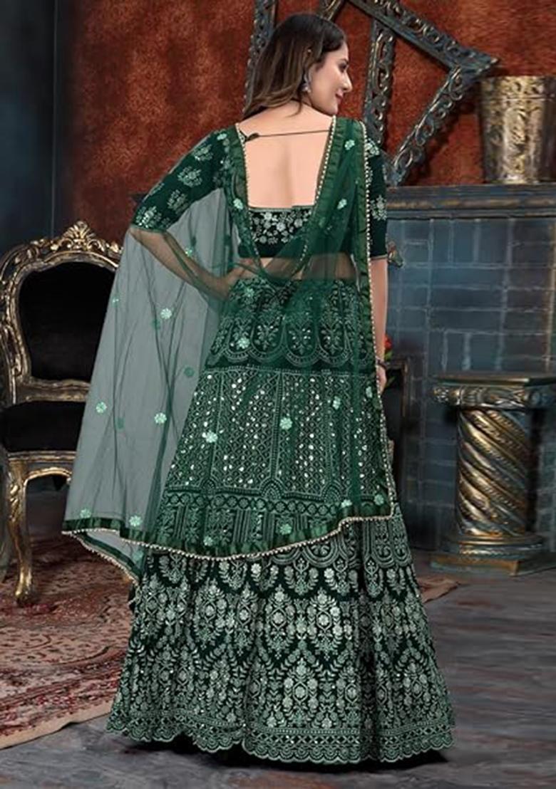 Green Sequence Embroidery Georgette Lehenga Set With Dupatta - Indya
