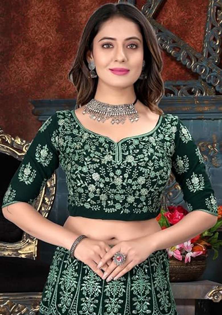 Green Sequence Embroidery Georgette Lehenga Set With Dupatta - Indya