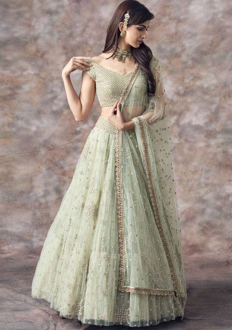 Green Sequence With Dupatta Silk Blend Lehenga Set with Embroidery for Diwali | Wedding & Festive Wear - Indya