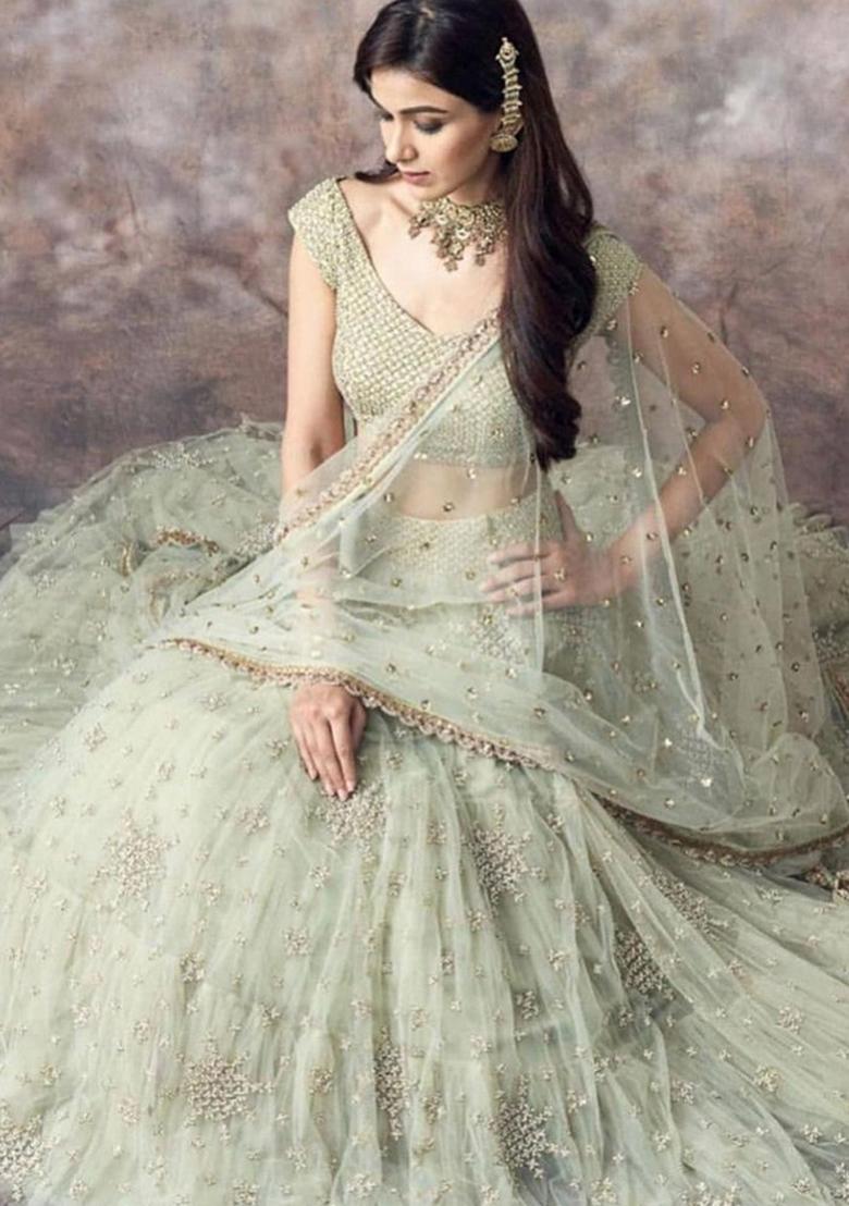 Green Sequence Embroidery Silk Lehenga Set With Dupatta - Indya