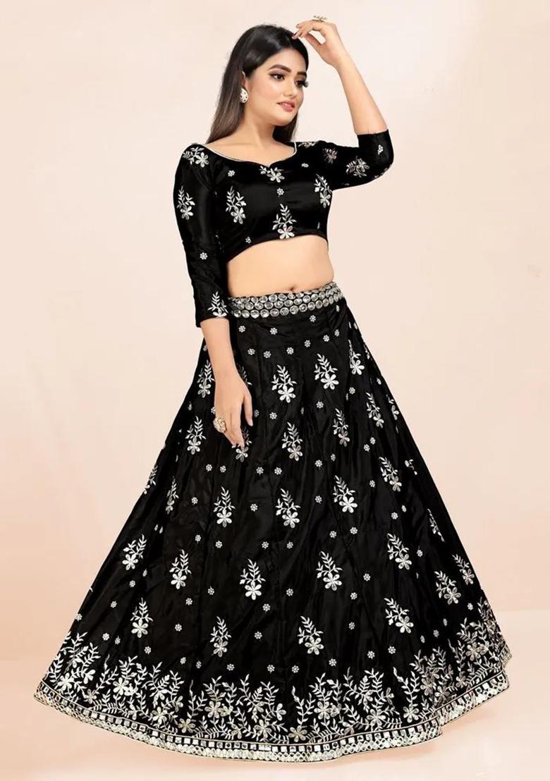 Black Sequence Embroidery Silk Lehenga Set With Dupatta - Indya