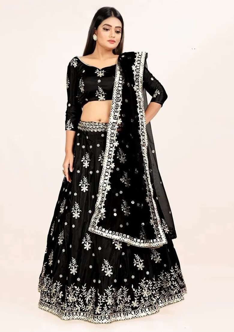 Black Sequence With Dupatta Silk Blend Lehenga Set with Embroidery for Diwali | Wedding & Festive Wear - Indya