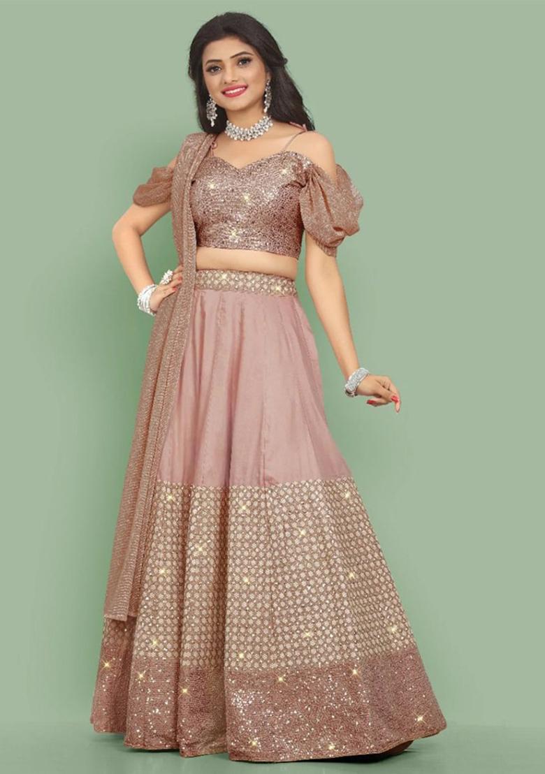 Pink Sequence Embroidery Silk Lehenga Set With Dupatta - Indya