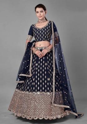 Blue Sequence Embroidery Silk Lehenga Set With Dupatta