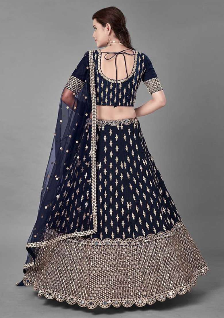 Blue Sequence Embroidery Silk Blend Lehenga Set With Dupatta - Indya