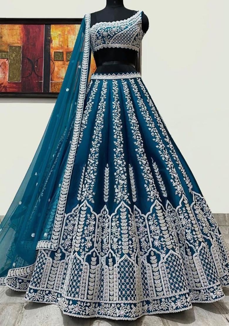 Blue Sequence Embroidery Chinon Lehenga Set With Dupatta - Indya