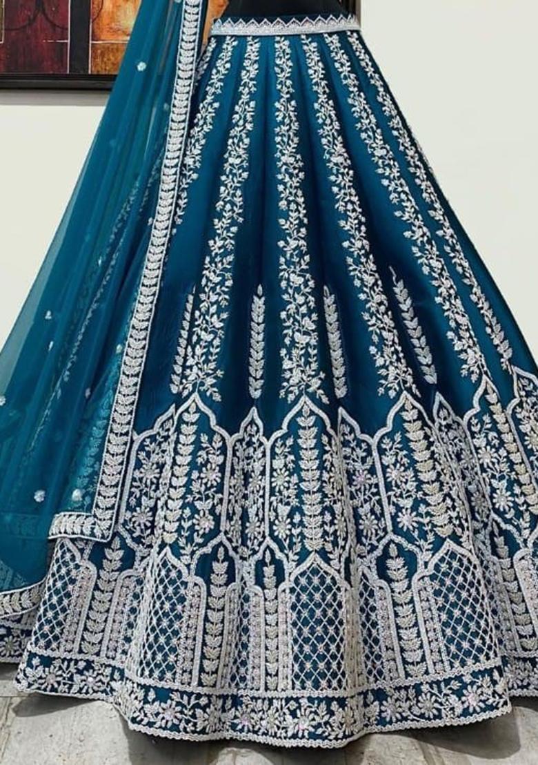 Blue Sequence Embroidery Chinon Lehenga Set With Dupatta - Indya