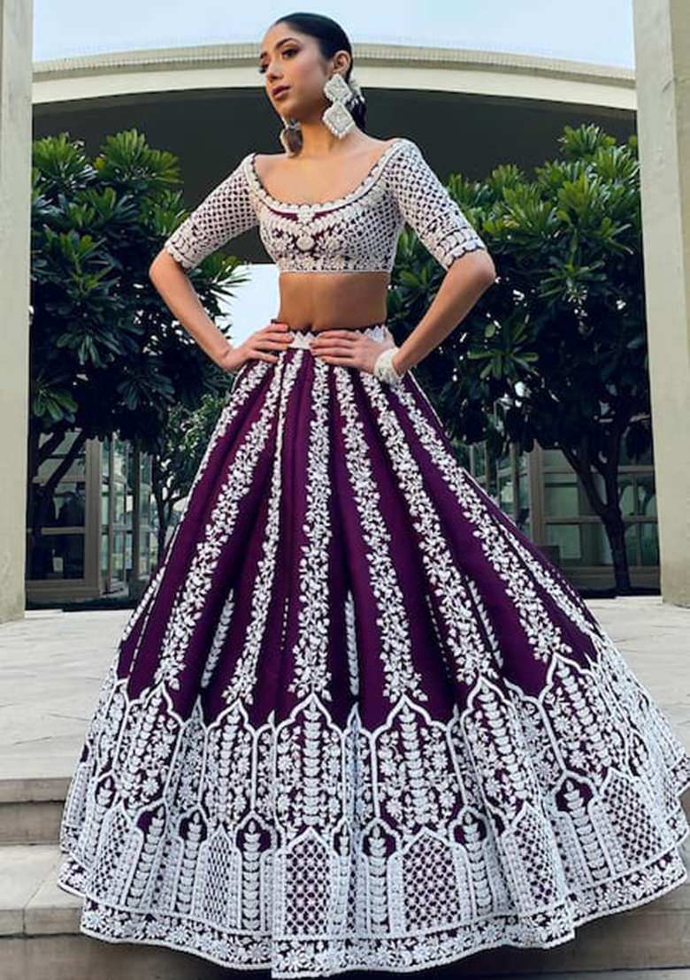 Wine Sequence Embroidery Chinon Lehenga Set With Dupatta for Diwali and Festive Wear - Indya