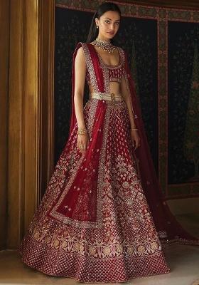 Red Sequence Embroidery Silk Lehenga Set With Dupatta