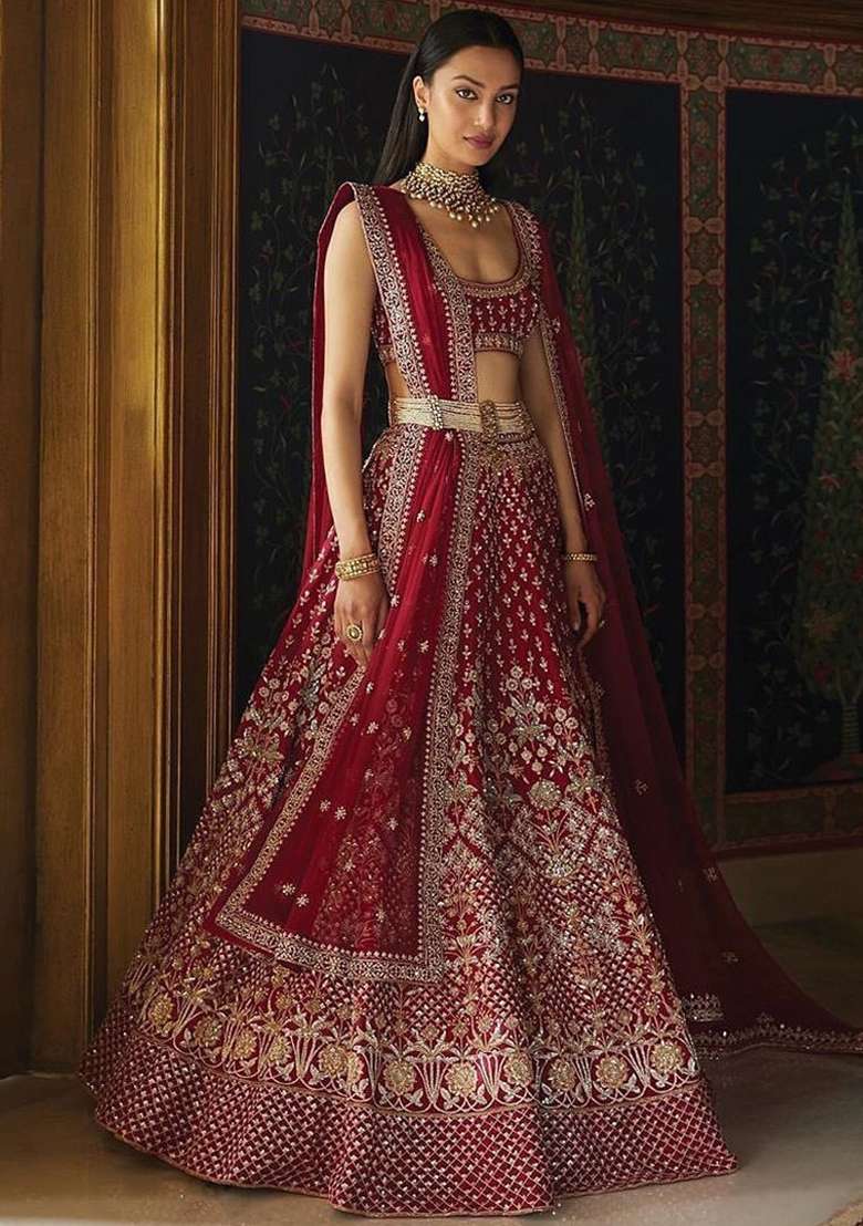 Red Sequence Embroidery Silk Blend Lehenga Set With Dupatta for Diwali and Festive Wear - Indya