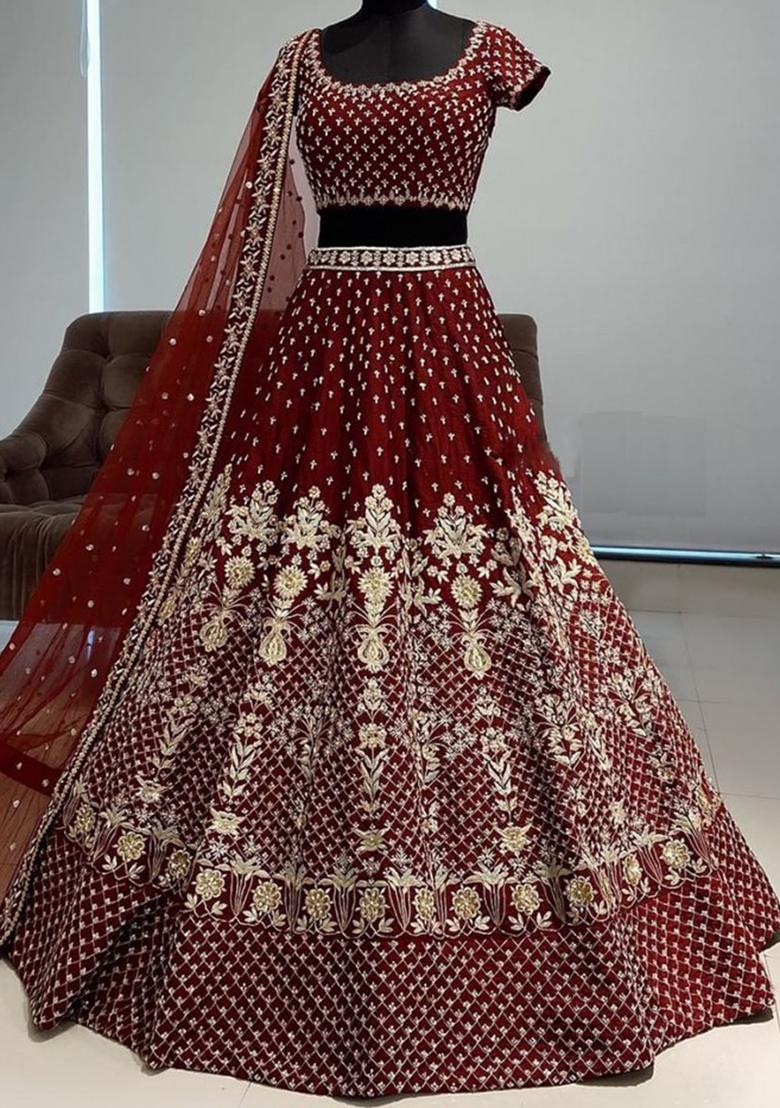 Red Sequence Embroidery Silk Lehenga Set With Dupatta - Indya