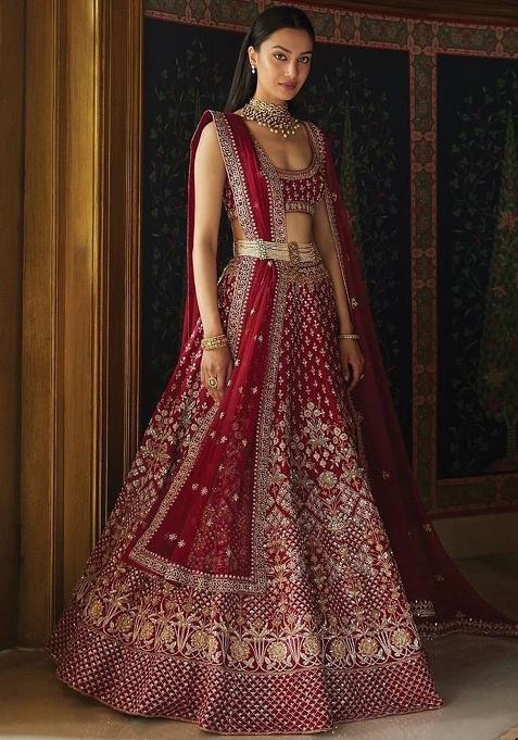 Red Sequence Embroidery Silk Lehenga Set With Dupatta