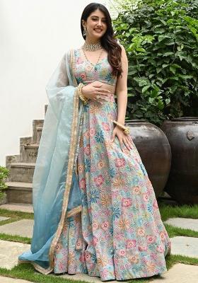 Multi Color Sequence Embroidery Silk Lehenga Set With Dupatta