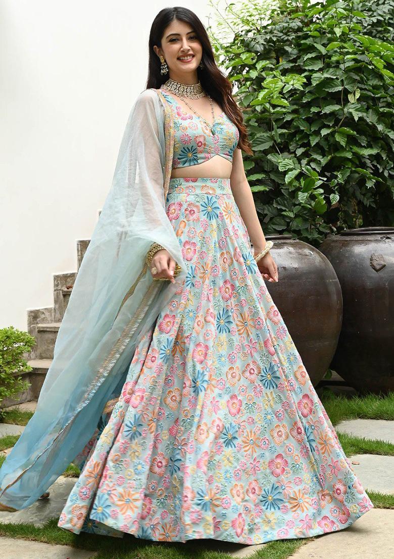 Multi Color Sequence Embroidery Silk Lehenga Set With Dupatta - Indya