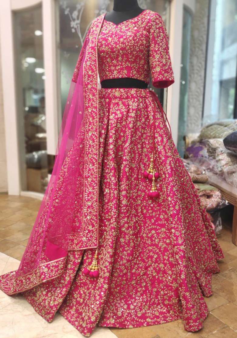 Pink Sequence Embroidery Silk Lehenga Set With Dupatta - Indya