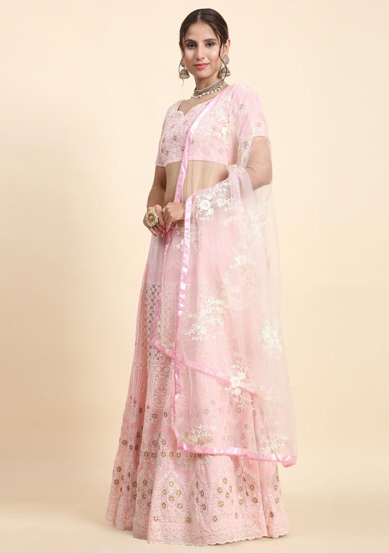Pink Sequence Embroidery Georgette Lehenga Set With Dupatta - Indya