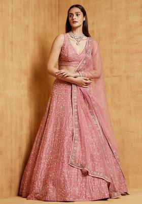 Pink Sequence Embroidery Silk Lehenga Set With Dupatta
