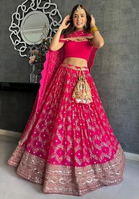 Pink Sequence Embroidery Georgette Lehenga Set With Dupatta