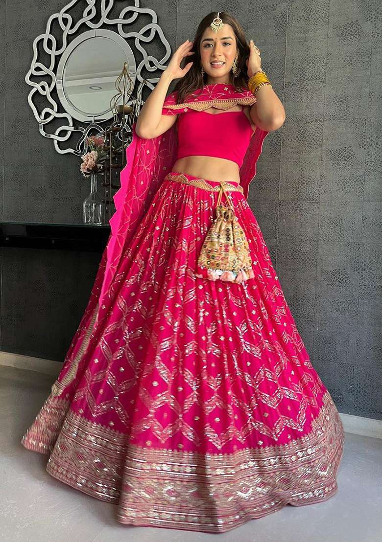 Pink Sequence Embroidery Georgette Lehenga Set With Dupatta for Diwali and Festive Wear - Indya
