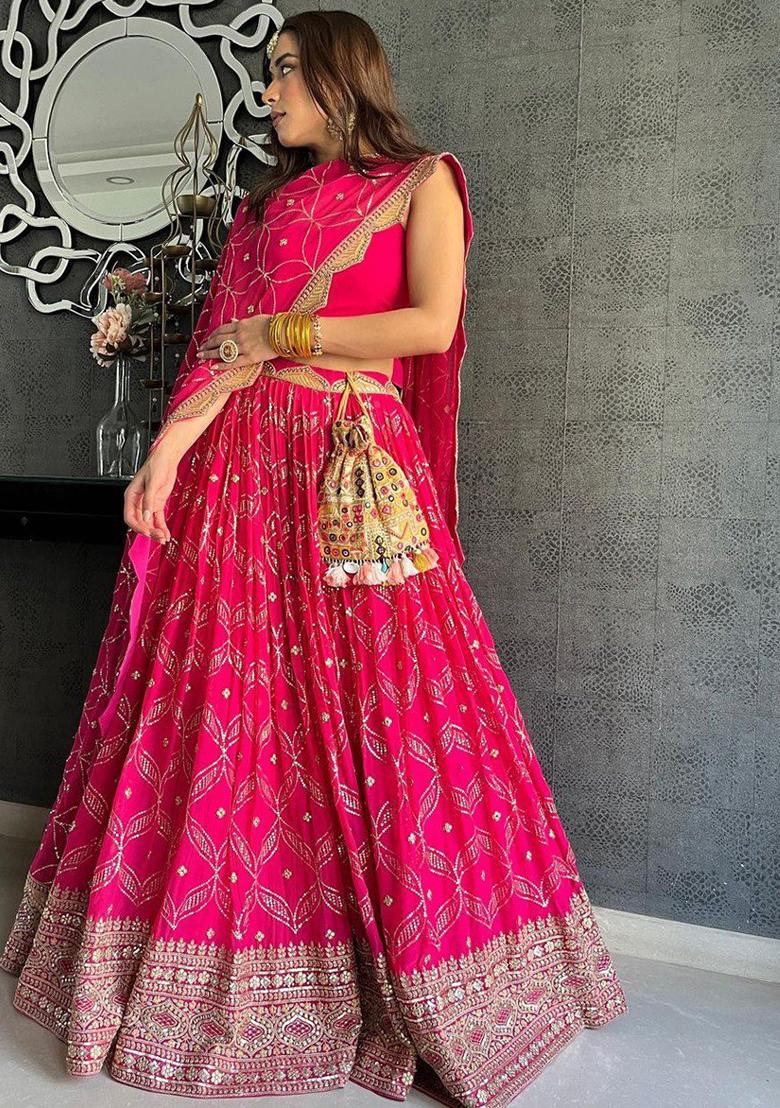 Pink Sequence Embroidery Georgette Lehenga Set With Dupatta - Indya