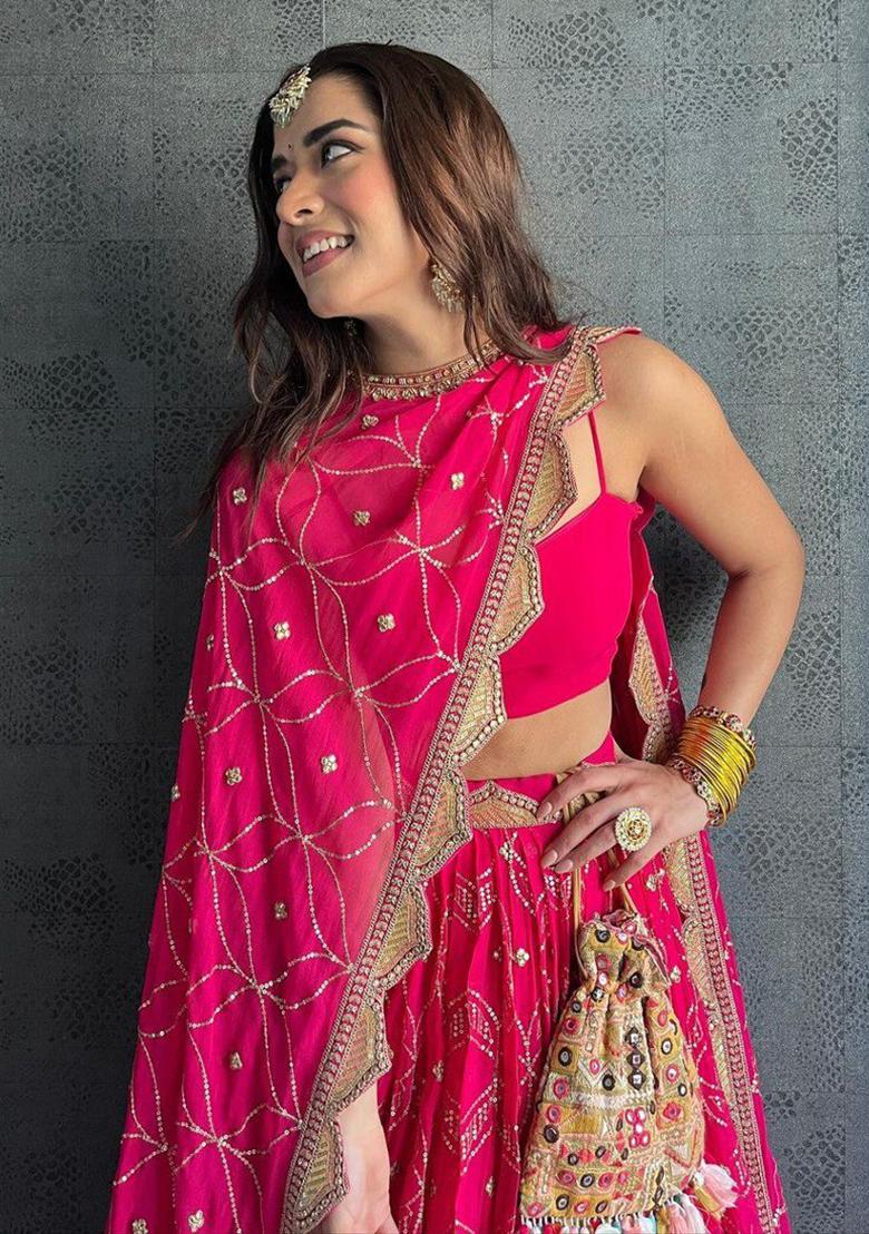 Pink Sequence Embroidery Georgette Lehenga Set With Dupatta - Indya