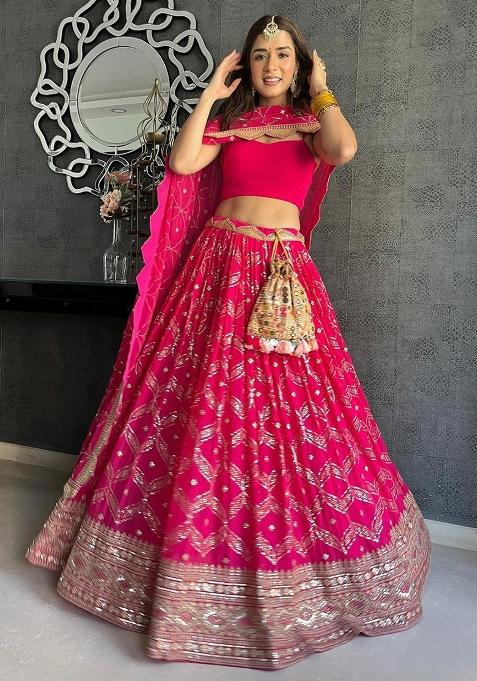 Pink Sequence Embroidery Georgette Lehenga Set With Dupatta