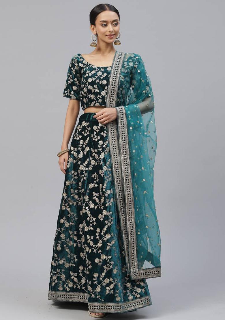 Green Sequence Embroidery Net Lehenga Set With Dupatta