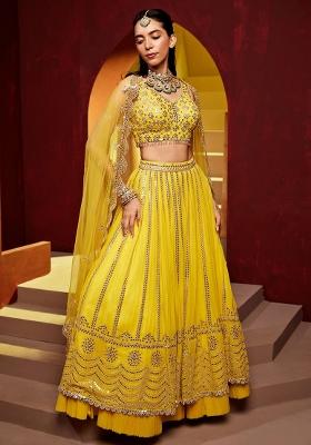Yellow Sequence Embroidery Georgette Lehenga Set With Dupatta