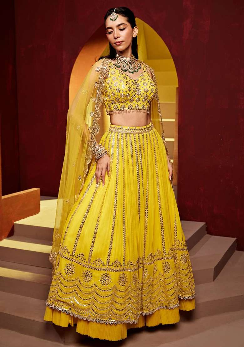 Yellow Sequence Embroidery Georgette Lehenga Set With Dupatta - Indya