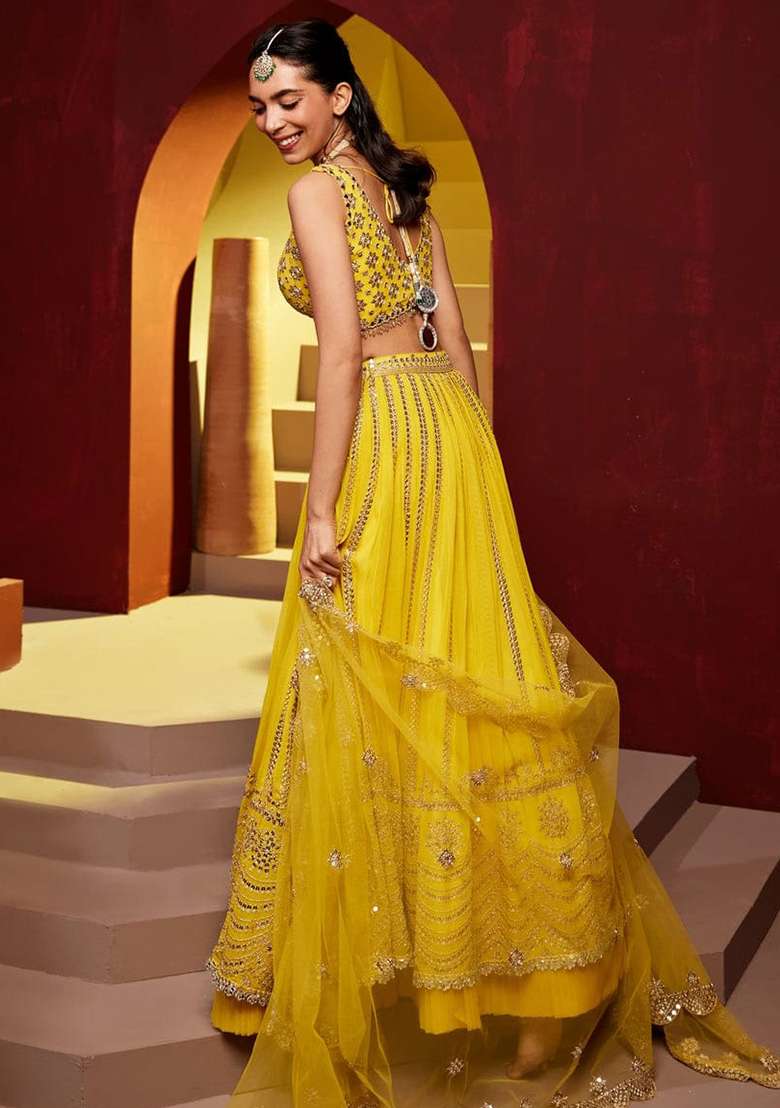Yellow Sequence Embroidery Georgette Lehenga Set With Dupatta - Indya