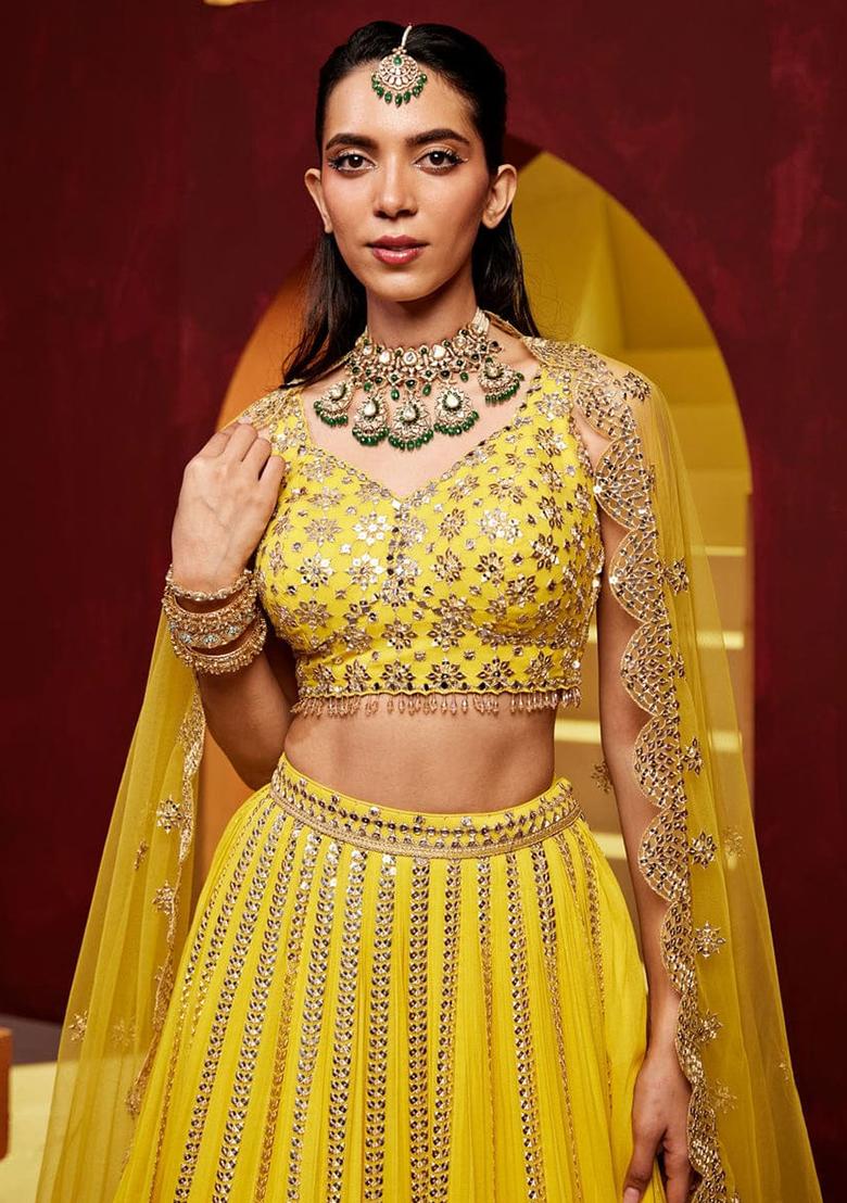 Yellow Sequence Embroidery Georgette Lehenga Set With Dupatta - Indya