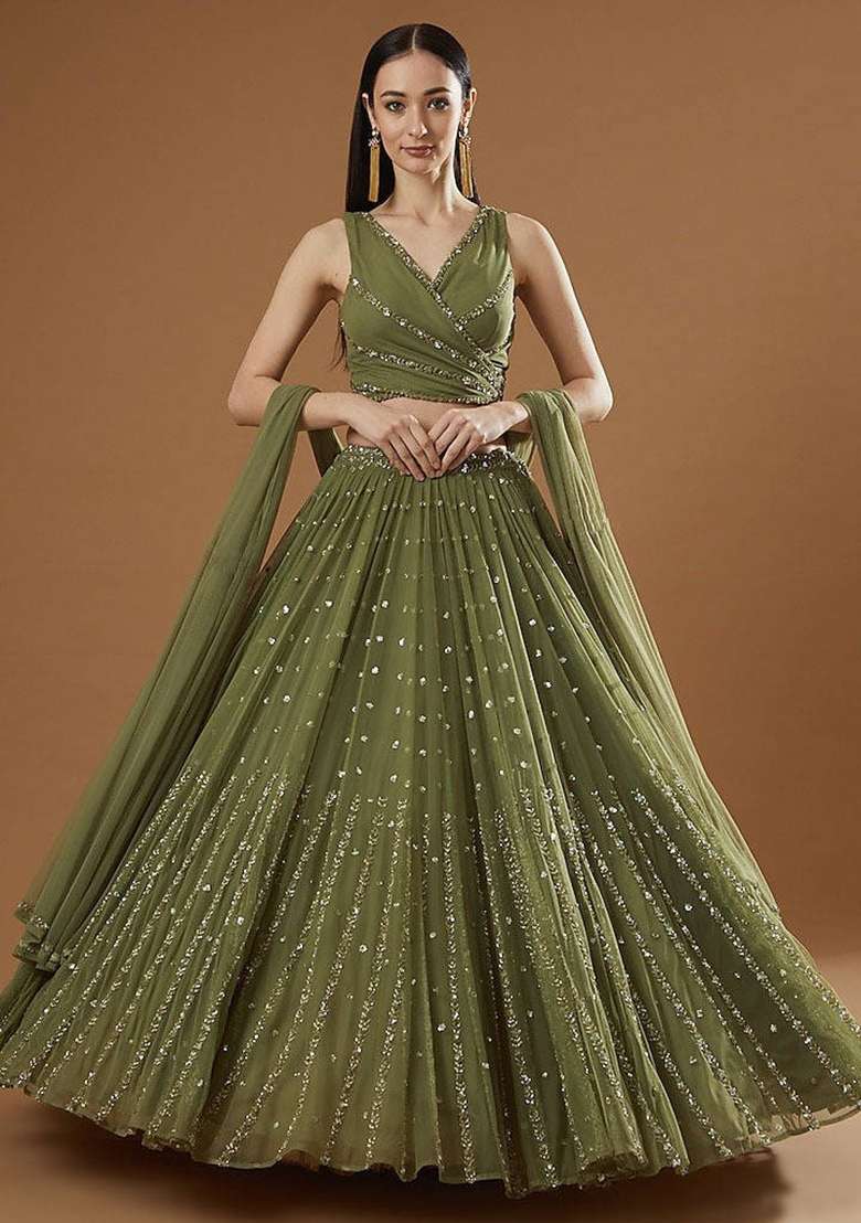Green Sequence Embroidery Georgette Lehenga Set With Dupatta for Diwali and Festive Wear - Indya