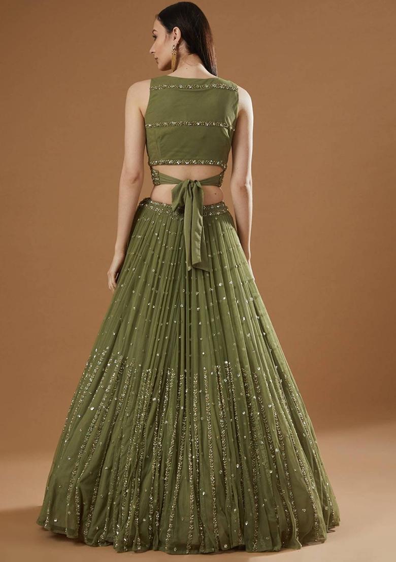 Green Sequence Embroidery Georgette Lehenga Set With Dupatta - Indya