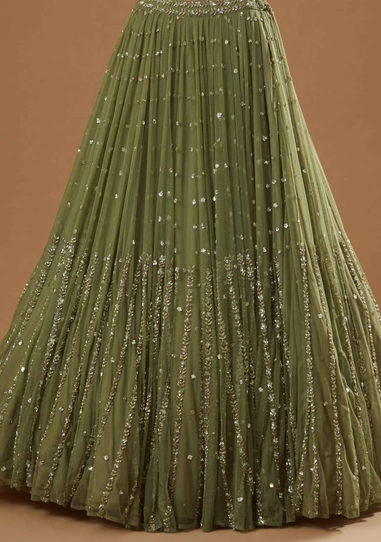 Green Sequence Embroidery Georgette Lehenga Set With Dupatta for Diwali and Festive Wear - Indya