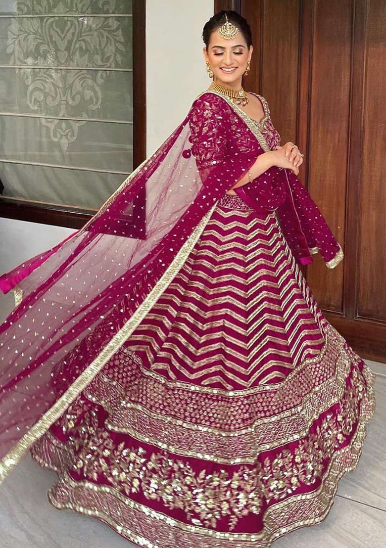 Red Sequence Embroidery Silk Lehenga Set With Dupatta - Indya