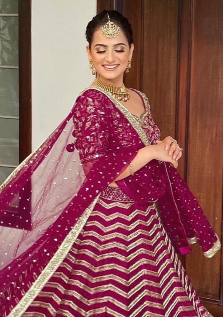 Red Sequence Embroidery Silk Lehenga Set With Dupatta - Indya