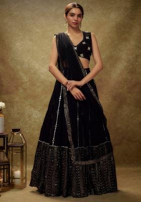 Black Sequence Embroidery Georgette Lehenga Set With Dupatta
